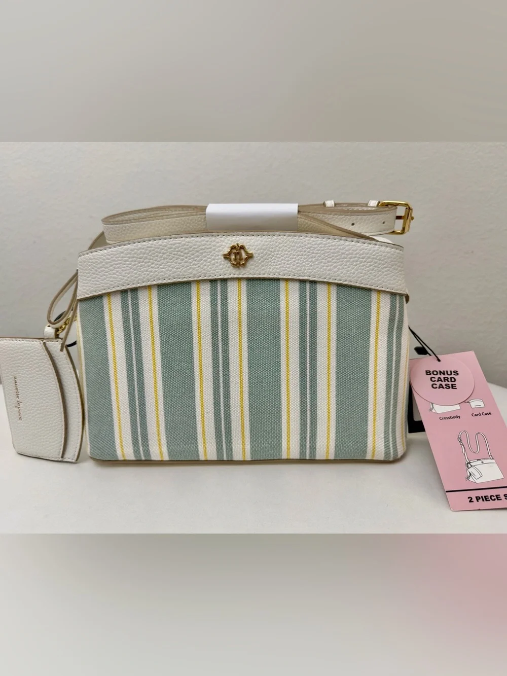Nanette Lepore White and Fresh Sage Striped Crossbody with Gold Hardware